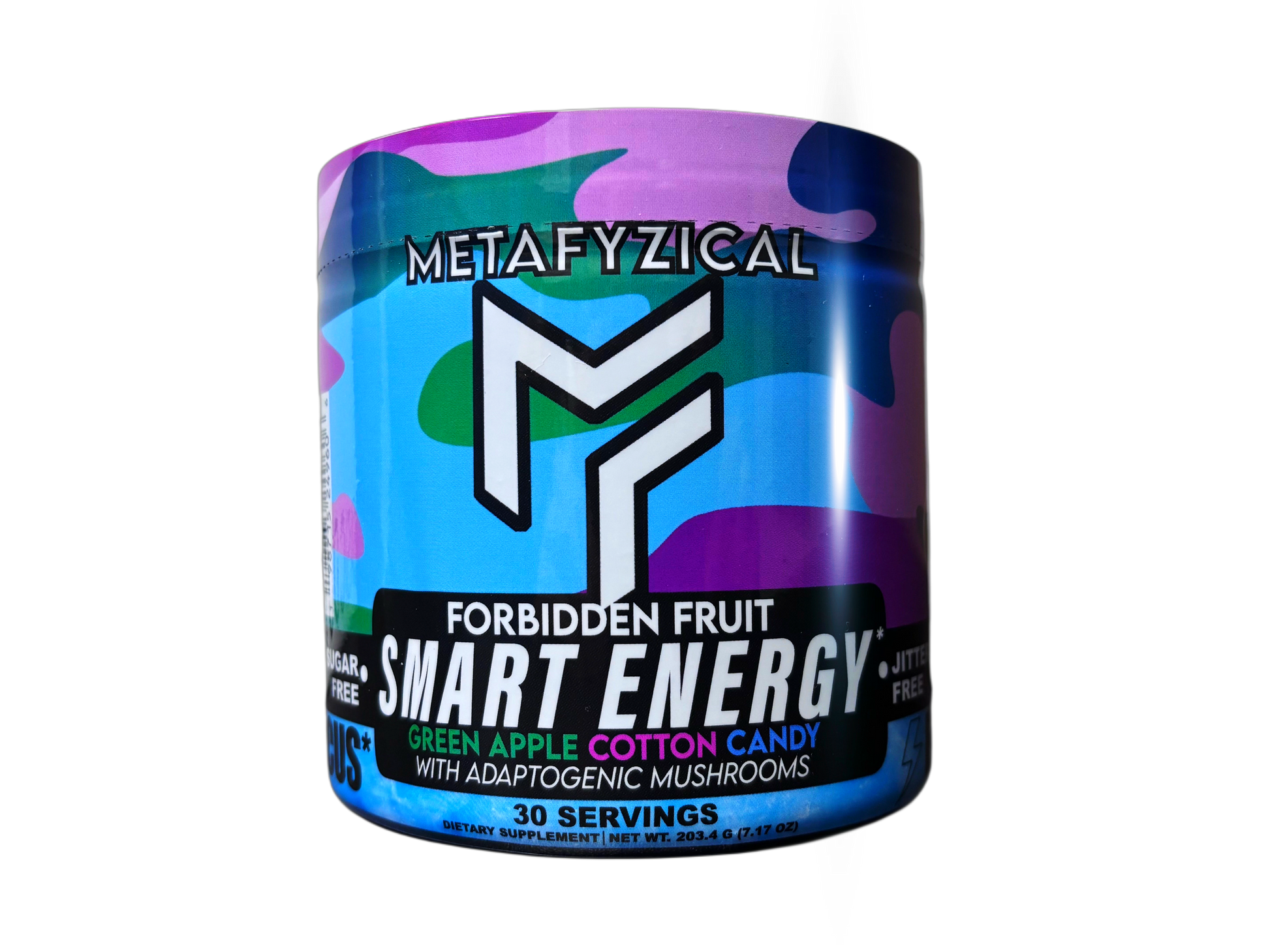 Metafyzical Smart Energy adaptogenic supplement tub Green Apple Cotton Candy Forbidden Fruit flavor with blue and pink gradient design containing Lion's Mane Reishi mushrooms BCAAs