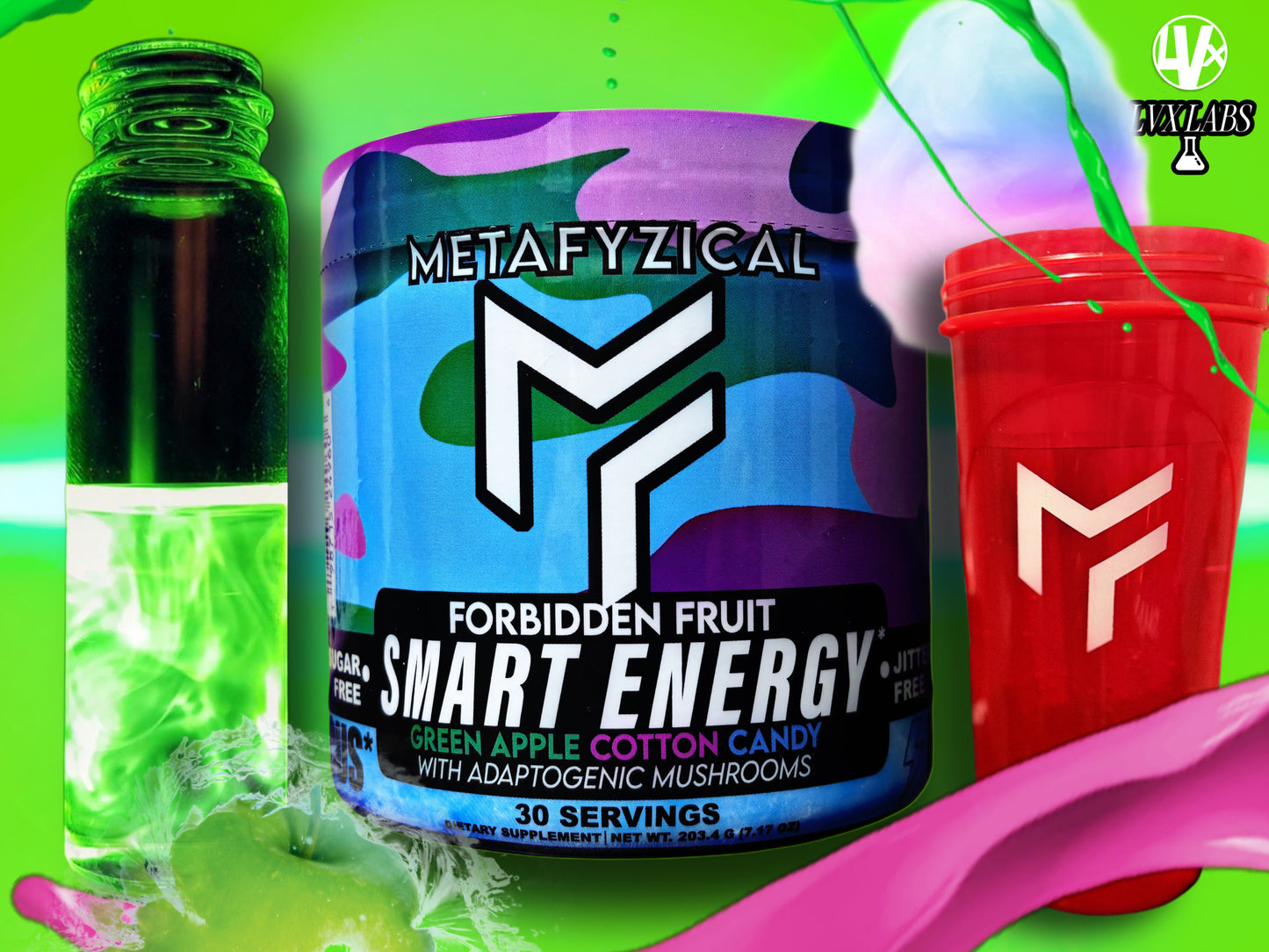 Metafyzical Smart Energy adaptogenic supplement tub Green Apple Cotton Candy Forbidden Fruit flavor with blue and pink gradient design containing Lion's Mane Reishi mushrooms BCAAs