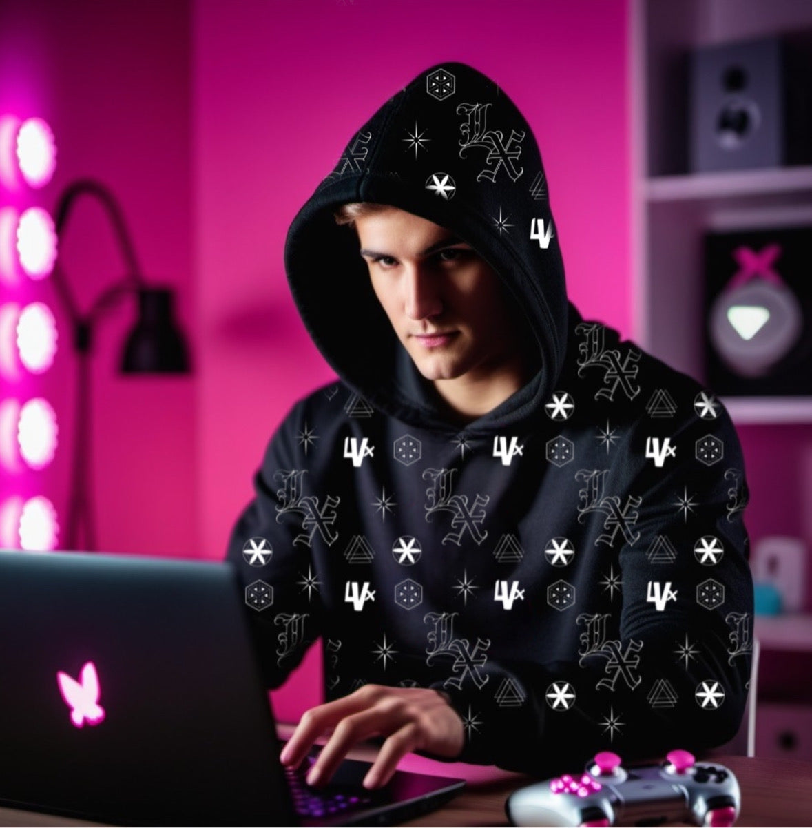 LVX Labs hoodie worn by gamer showing brand merchandise for Metafyzical Smart Energy supplement community