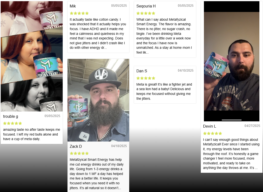 Metafyzical Smart Energy Green Apple Cotton Candy adaptogenic supplement tub with Lion's Mane Reishi mushrooms clean energy formula and reviews from clients that use the product!